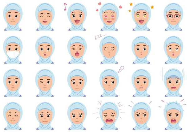 Muslimská obchododanka různé výrazy obličeje. — Stockový vektor