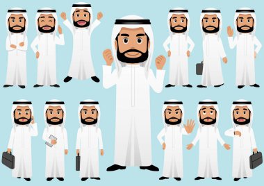 Farklı pozlar Orta Doğu işadamı beyaz arka plan üzerinde izole.