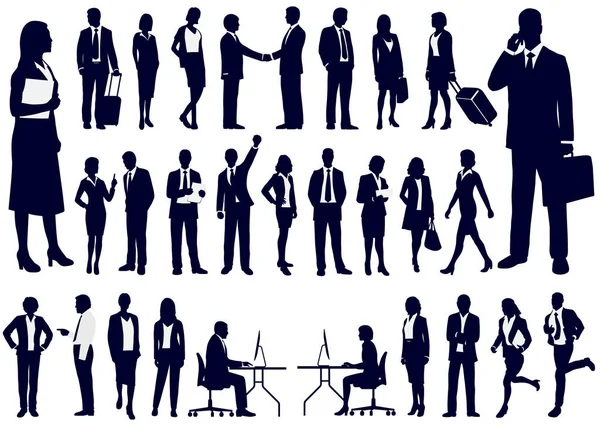 Set of business people in action silhouettes, vector illustration. — Stock Vector