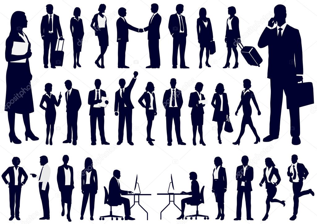 Set of business people in action silhouettes, vector illustration. 
