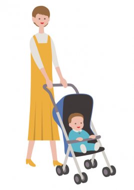 Bebek arabasında bebekli anne, beyaz arka plan üzerinde izole edilmiş. 
