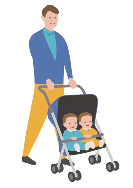 Vater mit Babys im Kinderwagen, isoliert auf weißem Hintergrund. — Stockvektor