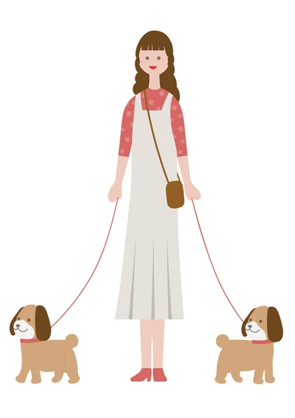 Woman walking dogs, isolated on a white background. Flat style vector illustration.