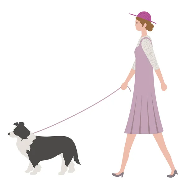 Frau Die Einen Hund Ausführt Isoliert Auf Weißem Hintergrund Flache — Stockvektor