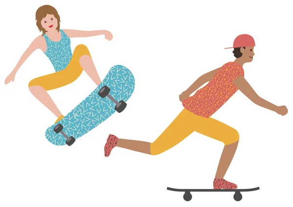 Set of a man and a woman skateboarding isolated on a white background.