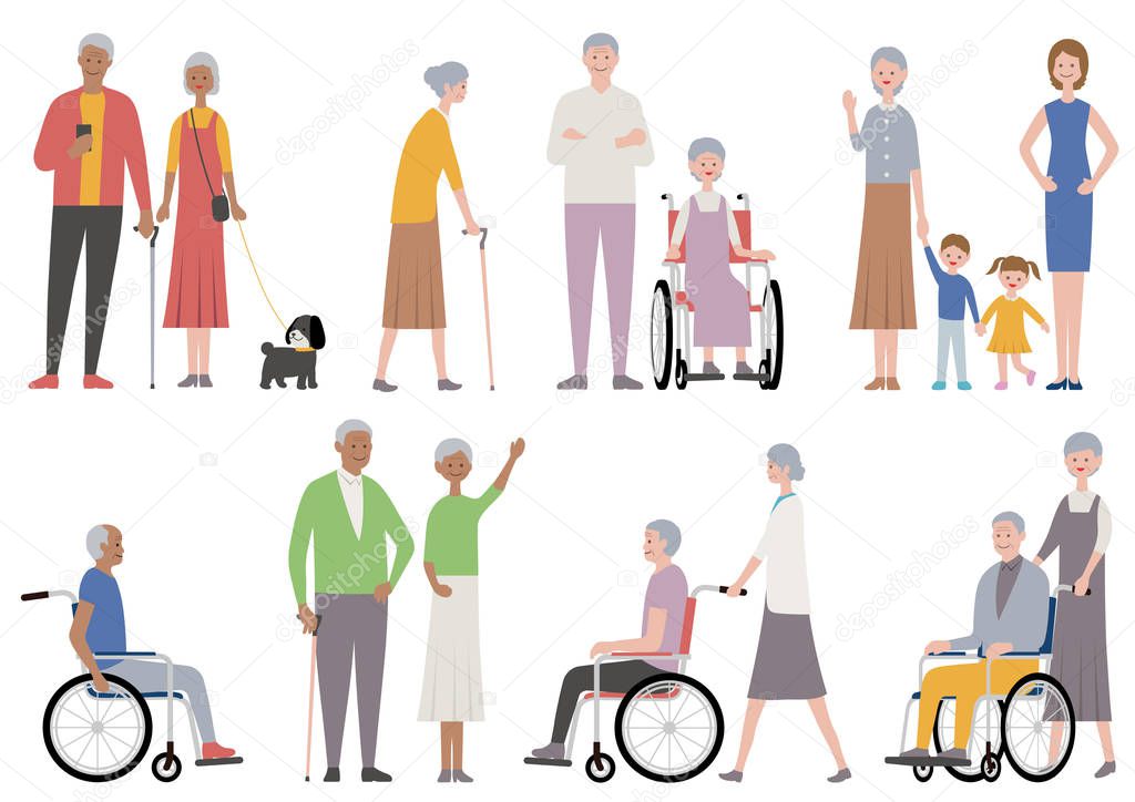 Set of old people isolated on a white background. 