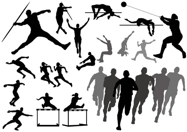 Set van track en veld atleten silhouetten geïsoleerd op een witte achtergrond. — Stockvector