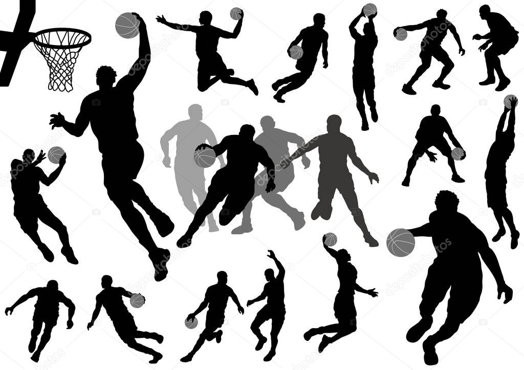 Set of basketball players silhouettes isolated on a white background.