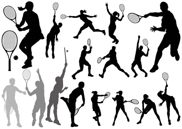 Ensemble de silhouettes de joueurs de tennis isolés sur un fond blanc . — Image vectorielle