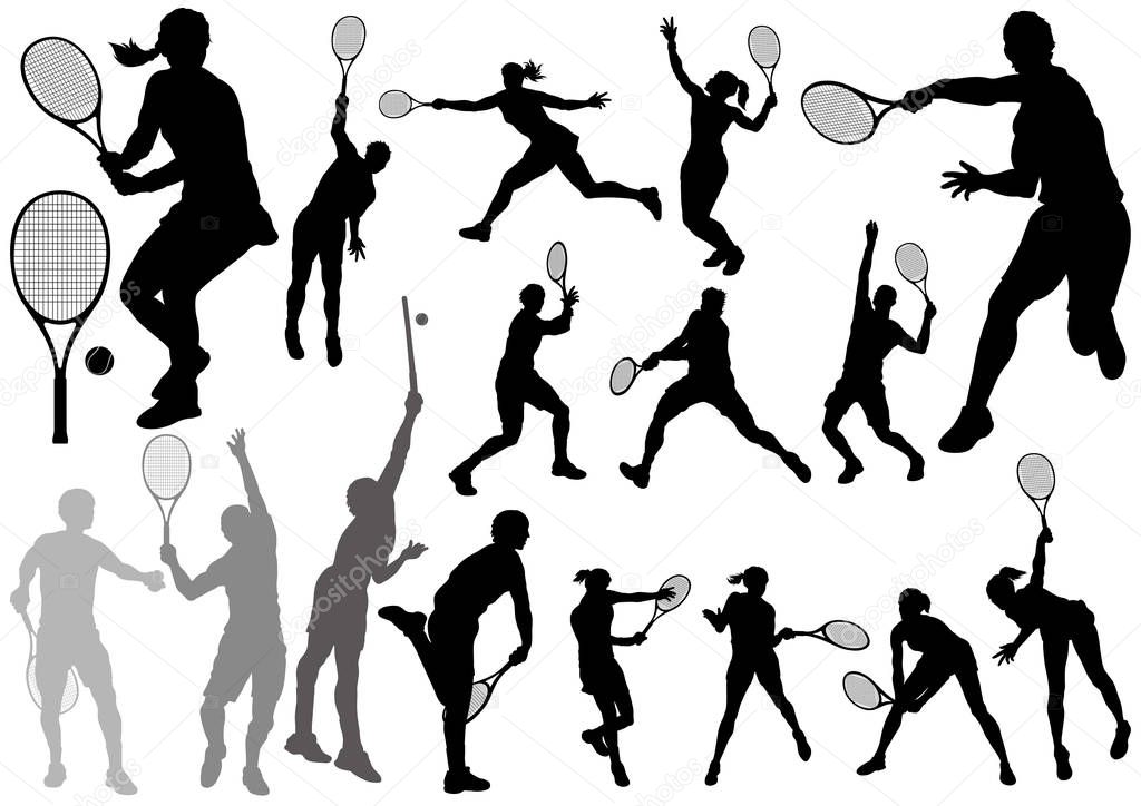 Set of tennis player silhouettes isolated on a white background.