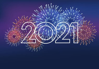 2021 yılı logosu ve karanlık bir arka planda mesaj alanı olan havai fişekler. Yeni Yılı Kutlayan Vektör illüstrasyonu.