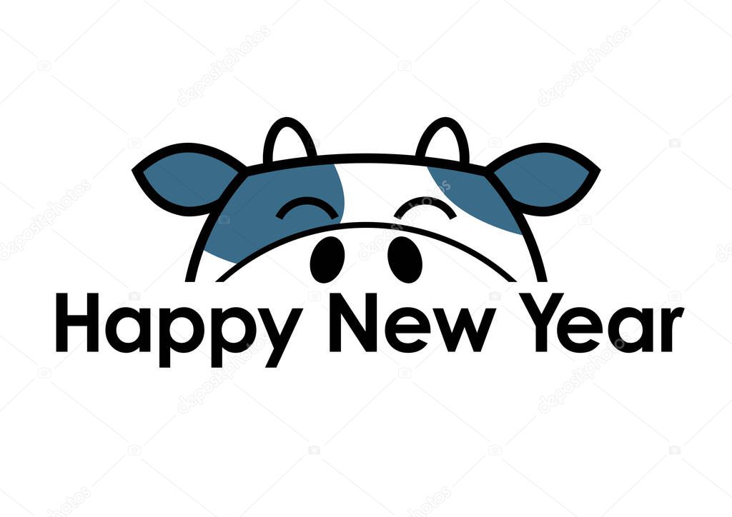 Year Of The Ox New Years Greeting Logo With Cartoonish Ox Symbol. Vector Illustration Isolated On A White Background.