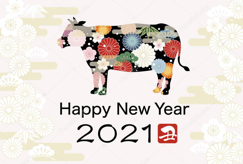 Japanese New Years Card Vector Template Decorated With Vintage Patterns. (Text translation: Happy New Year, Best wishes for your good health and happiness, Ox, The third year of Reiwa era)