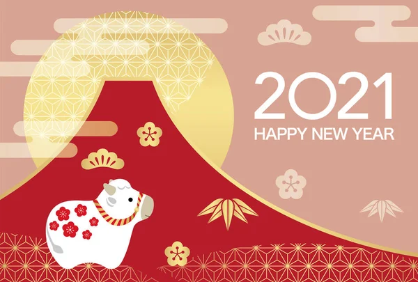 2021, Öküz Yılı, Yeni Yıl Kutlama Kartı Vektör Şablonu. Fuji, Gündoğumu ve klasik Japon desenleriyle süslenmiş geleneksel Öküz Bebeği..