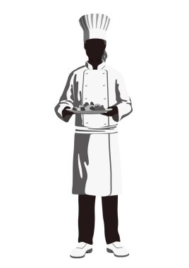 Vektör Tek Kromlu Şef İllüstrasyonu Beyaz bir arka planda izole edilmiş bir tabak yemek tutuyor..