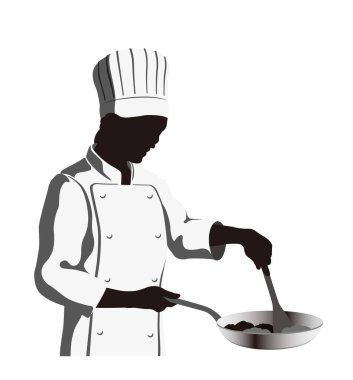 Tek Krom Şefi Siluet Tencerede Pişiyor. Vektör Resimleri Beyaz Arkaplanda İzole Edildi.