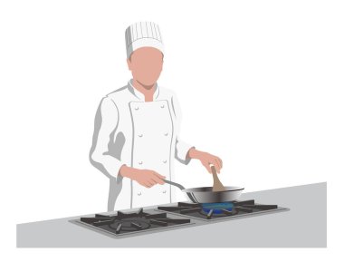 Fırında tavada yemek pişiren bir şef. Vektör Düzlüğü Resimleri Beyaz Arkaplanda İzole Edildi.