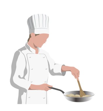 Tavada yemek pişiren bir şef. Vektör Düzlüğü Resimleri Beyaz Arkaplanda İzole Edildi.