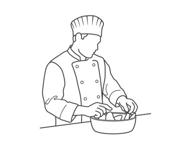 Pişirme kabında yemek hazırlayan bir şef. Vektör Tek Renkli Çizim Çizimi Beyaz Arkaplanda İzole Edildi.