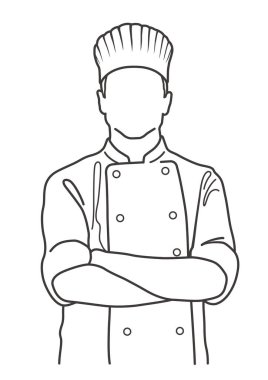 Çapraz kollu bir şef. Vektör Tek Renkli Çizim Çizimi Beyaz Arkaplanda İzole Edildi.