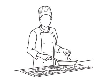 Fırında tavada yemek pişiren bir şef. Vektör Tek Renkli Çizim Çizimi Beyaz Arkaplanda İzole Edildi. 