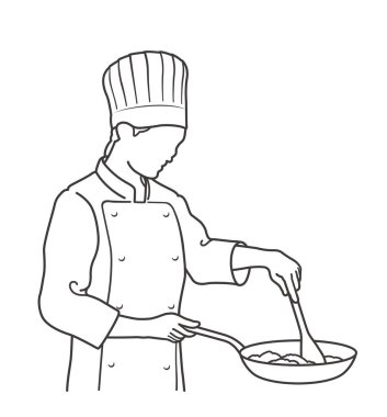 Tavada yemek pişiren bir şef. Vektör Tek Renkli Çizim Çizimi Beyaz Arkaplanda İzole Edildi.