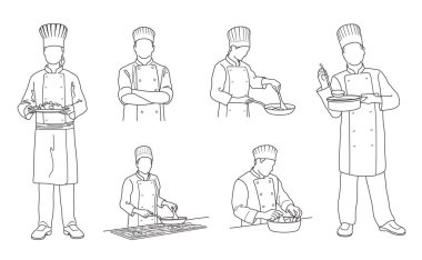 Çeşitli Aşçılık Pozisyonları Vektör Satırı Çizim Seti Beyaz bir arkaplanda izole.
