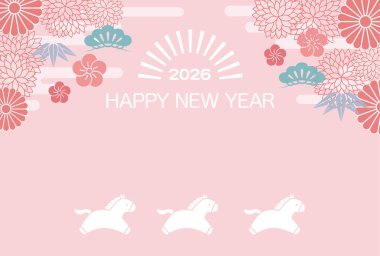 2026, At Yılı, Yeni Yıl tebrik kartı şablonu şirin dört nala koşan atlar, Japon klasik çiçek dekorasyonu ve metin uzayı. Vektör Düz Biçim Çizimi. 