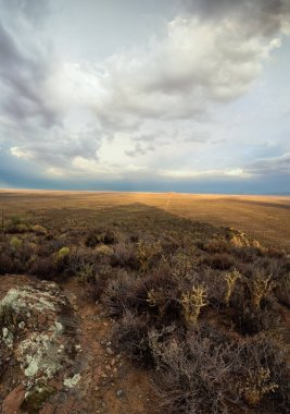 Tankwa Karoo Çölü gökyüzünde dramatik thunderclouds ile panoramik manzarası