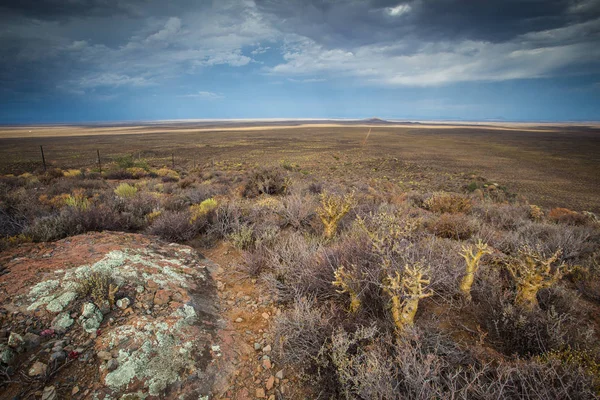 Een Panoramisch Uitzicht Woestijn Tankwa Karoo Met Dramatische Onweerslucht Hemel — Stockfoto