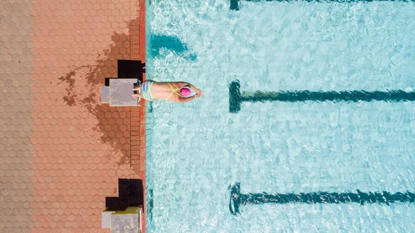 Aerial Image Beautiful Female Swimmer Swimming Pool Getting Ready Train — Stock Photo, Image