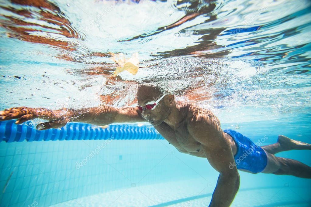 male swimmer diving and swimming in a swimming pool to train