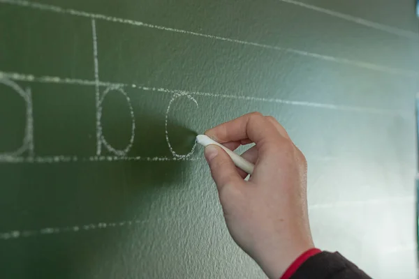 Close View Caucasian Teacher Writing Black Board Classroom Primary School — Stock Photo, Image