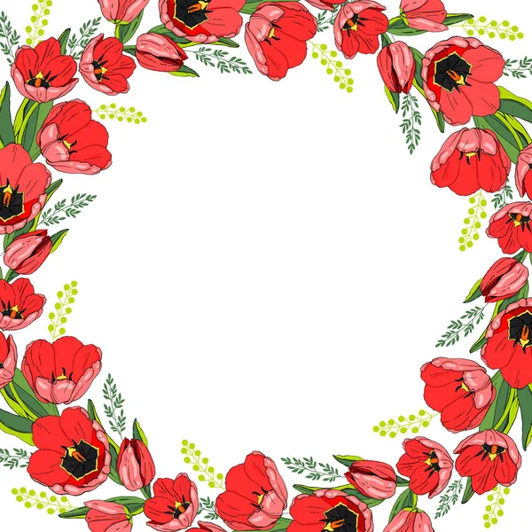 Весняний Каркас Вінок Червоними Тюльпанами Луговими Травами Квіти Ізольовані Білому — стоковий вектор