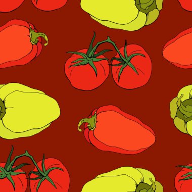 Domates ve biber Bordo arka plan üzerinde ile Seamless modeli. Vejetaryen, vegan gıda. Vektör. İllüstrasyon