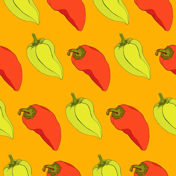Seamless Pattern Red Green Bell Pepper Orange Background Vegetarian Vegan — Stock Vector