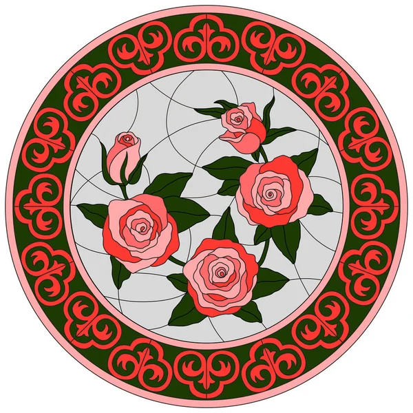 Yuvarlak vitray pencere oryantal desen ve kırmızı gül. Vektör. İllüstrasyon