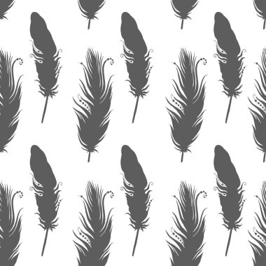 Beyaz arka plan üzerinde gri tüy siluetleri Dikişsiz Desen. Vektör. Illüstrasyon
