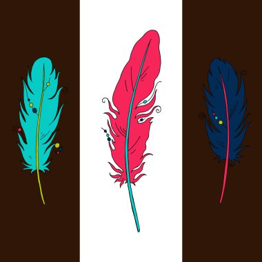 Beyaz ve kahverengi arka planda mavi, mavi ve pembe tüyün dikişsiz deseni. Vektör. Illüstrasyon