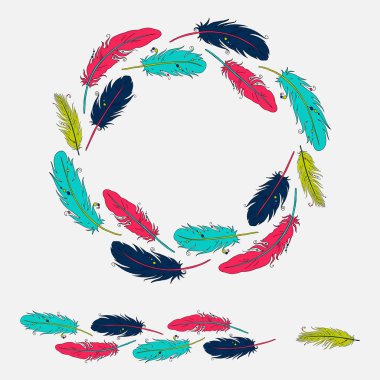 Beyaz arka plan üzerinde izole renkli tüyleri ile çerçeve ve desenli fırça Vektör kümesi. Illüstrasyon