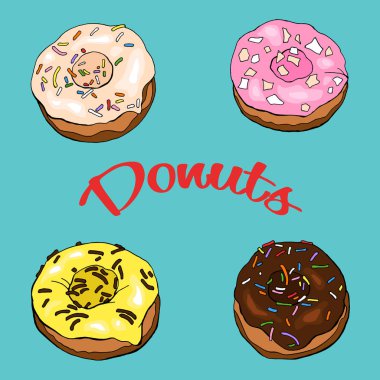 Vektör konfeti ile pembe, krem, sarı ve kahverengi sır içinde çörekler ile ayarlayın. Mavi arka planda izole edilmiş. Illüstrasyon