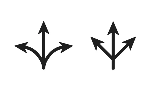 Tiga cara panah menunjuk. Simbol arah dan lintas jalan tanda persimpangan. - Stok Vektor