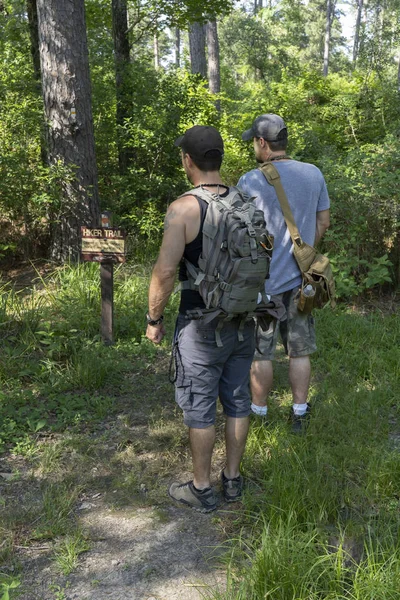 Middle Age Men Headed Woods Mile Trek Exploring New Trails Stock Picture