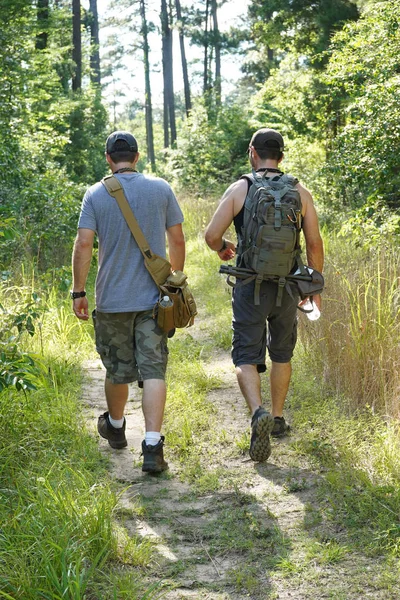 Middle Age Men Headed Woods Mile Trek Exploring New Trails Stock Photo