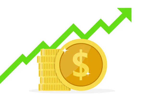 Gewinngeld Oder Budgetvektorillustration Flacher Cartoon Haufen Bargeld Und Steigender Graphenpfeil — Stockvektor