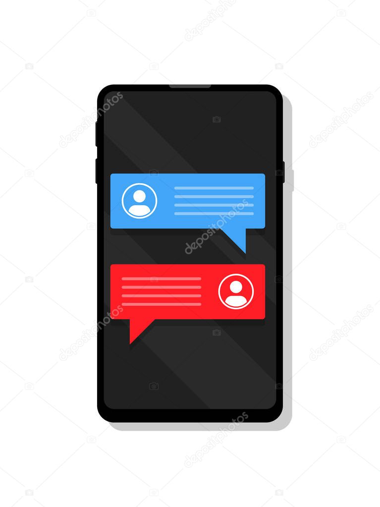 Sms speech bubbles on mobile phone screen, chat messages notification on smartphone vector line illustration