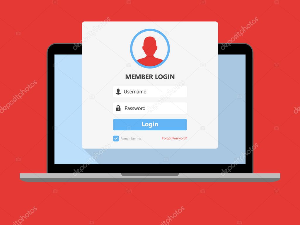 Laptop with login page on screen. Registration page. Modern flat design. Vector illustration