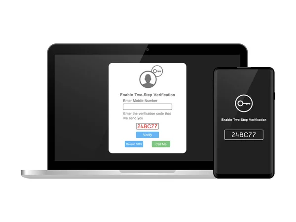 Adım iki kimlik doğrulama illüstrasyon, akıllı telefon ve bilgisayar güvenliği oturum açma veya oturum aç, cep telefonu ve pc vektör aracılığıyla iki adım doğrulama