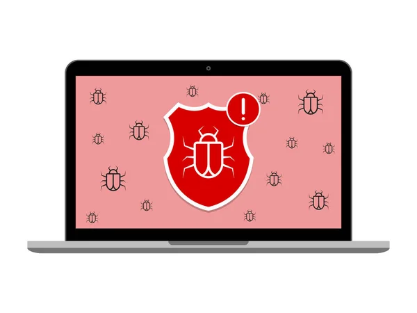 Laptop Antivirus Schutz Malware Virenschild Alarmvektor — Stockvektor