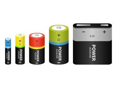 Alkalin pil farklı modelleri, simgeler vektör alkalin piller Diffrent izometrik küme boyutu